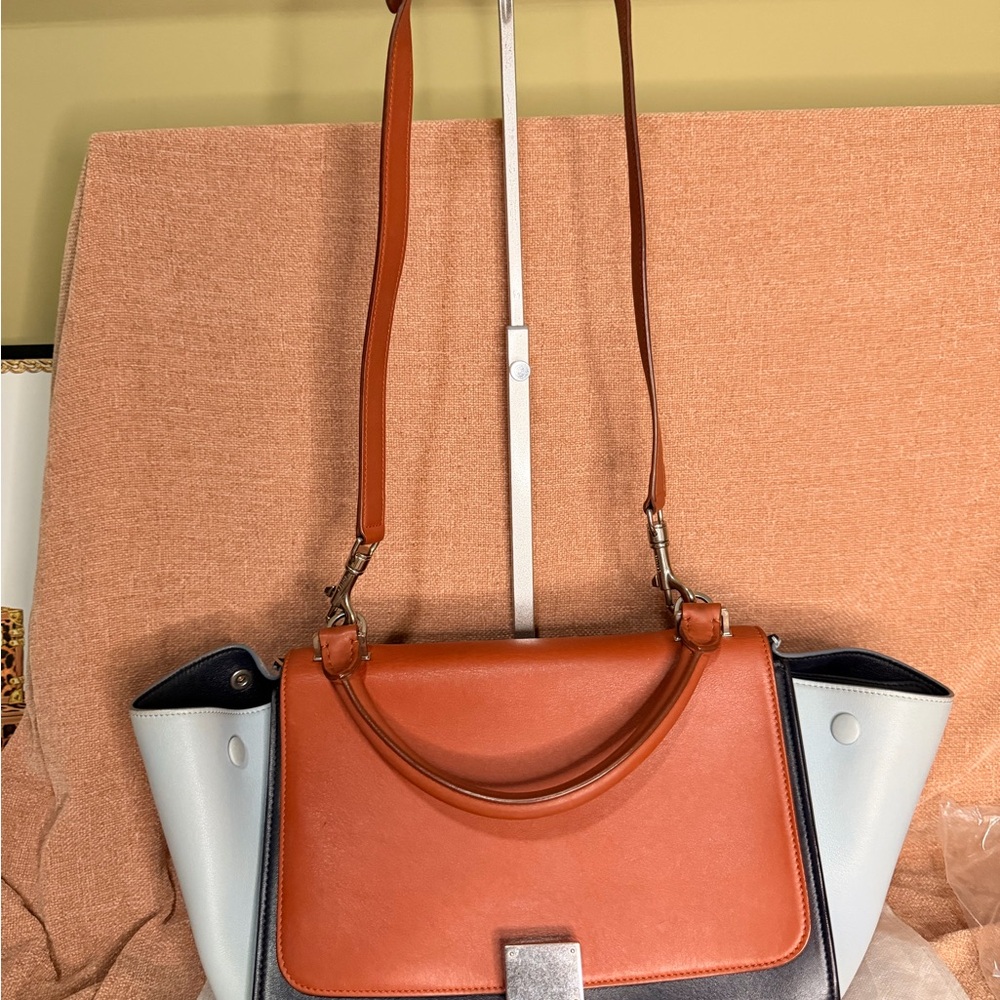 CELINE Trapeze Small Leather 2way Shoulder Bag Sky Blue& Navy & Brown - Picture 12 of 16